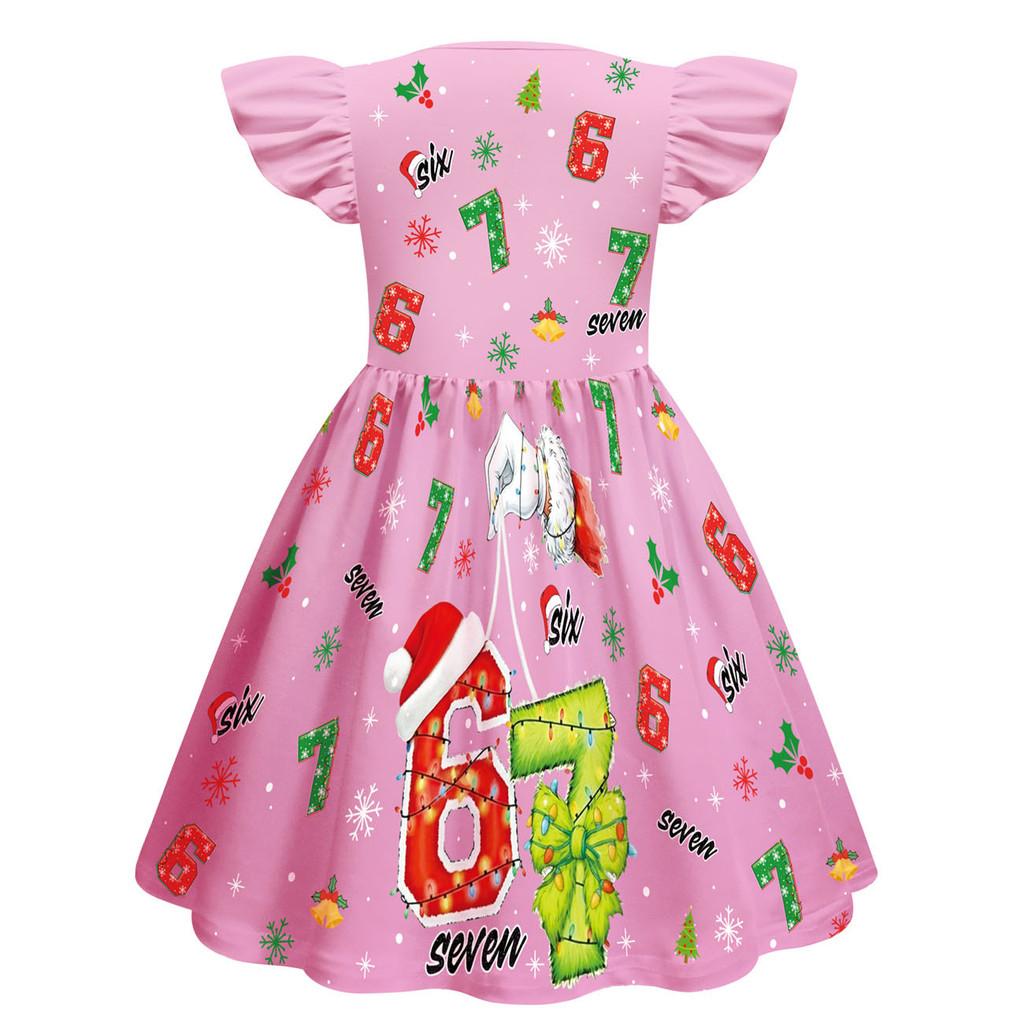 82839 Kids Girls Christmas Steal a Brainrot 67 Six Seven Print Ruffle Sleeveless Princess Dress