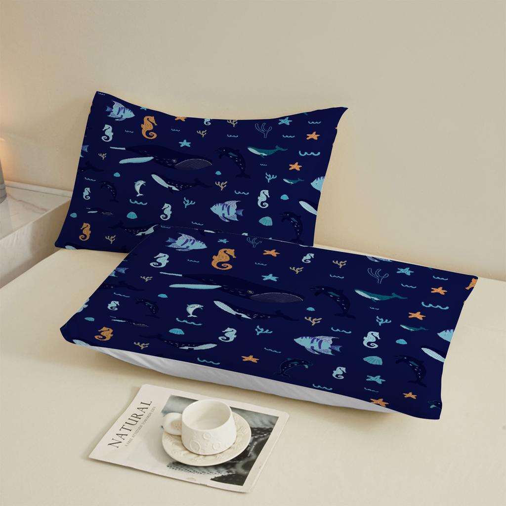 3pcs Soft Fitted Sheet Set Gifts Simple Style For Kids Ocean Animals Sea Life Pattern Print Washable Bed Sheet With Pillowcases