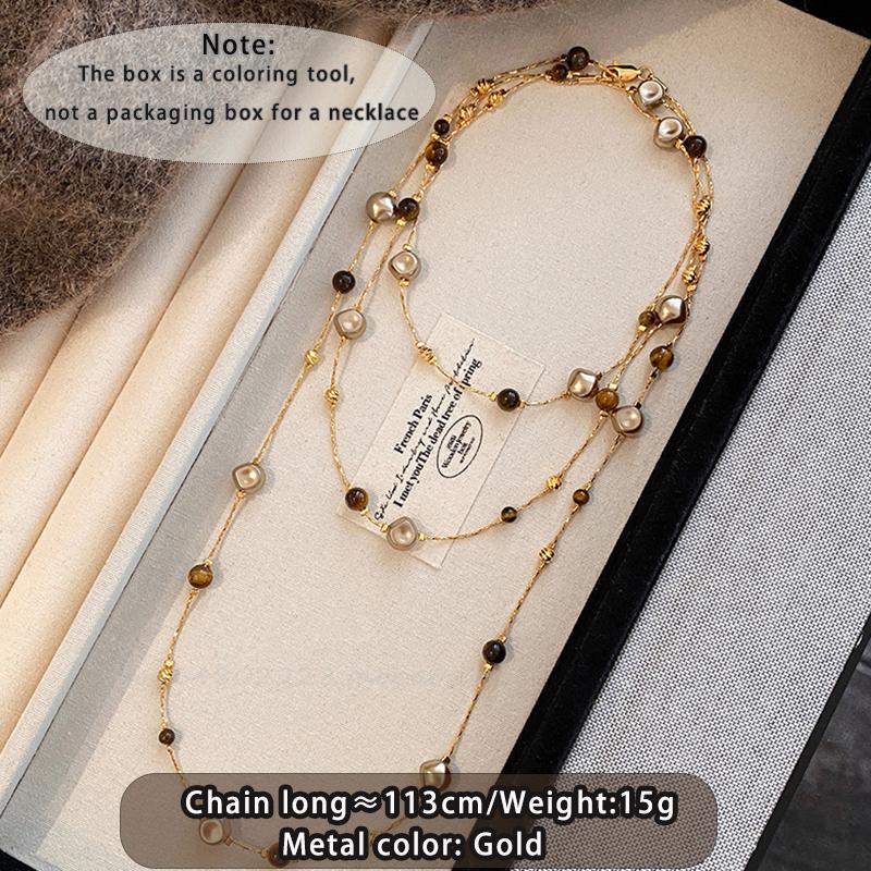 Autumn and Winter Long Tiger Eye Stone Pearl Beads Long Sweater Chain For Women s Popular Necklace New Jewelry Accessories