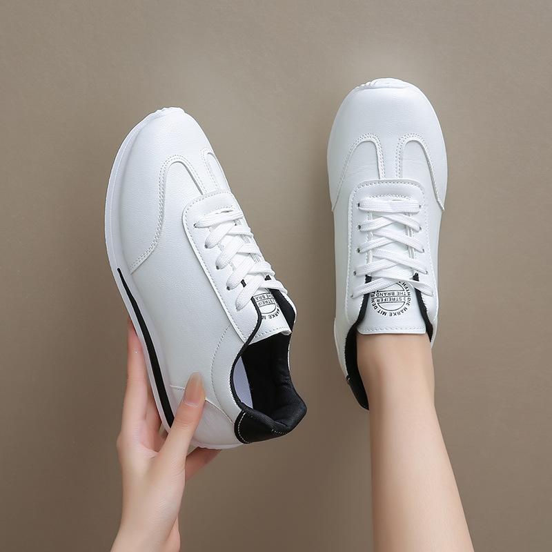 Large size women's autumn new leather fashion contrasting color white shoes lace-up casual sports shoes