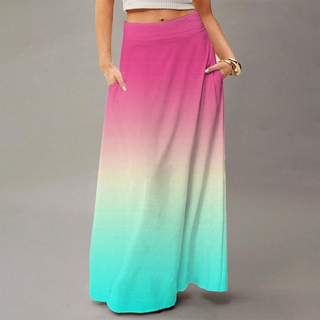 Damen Lässig Freizeit Faltbar Farbverlauf Druck Hohe Taille Mit Tasche Drapierter Entspannter Langer Maxi Rock