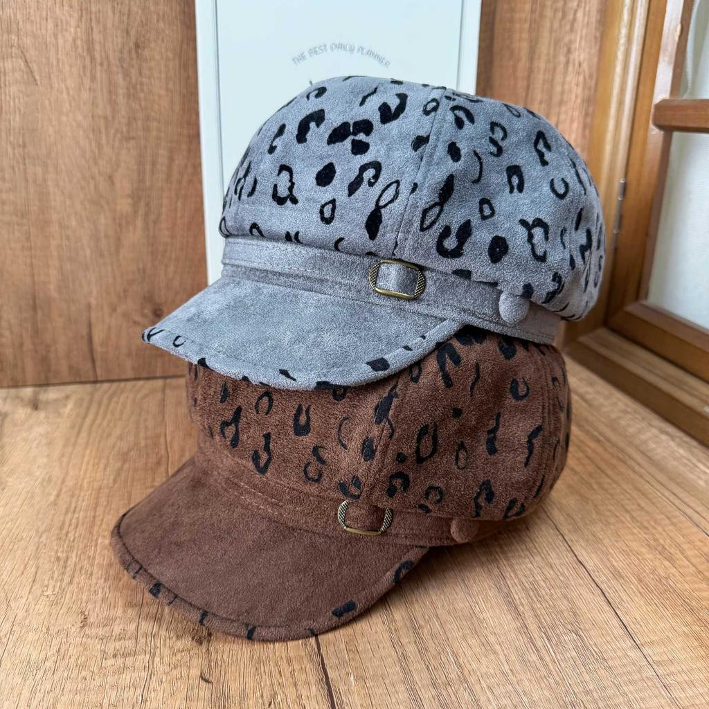 American retro leopard print beret women's autumn and winter four seasons big head circumference showing face small octagonal hat fashionable literary