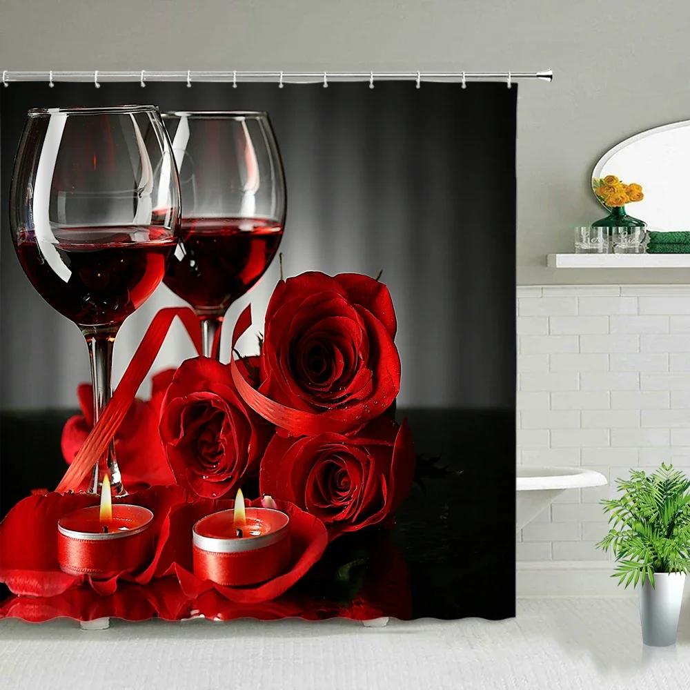 Romantic Rose Shower Curtain Set - Vibrant Red & Purple Floral Designs for Elegant Bathroom Décor, Waterproof & Easy Care
