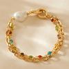 Bracciale a catena fermacarte placcato oro con Zirconi Cubici multicolore e Perle Barocche