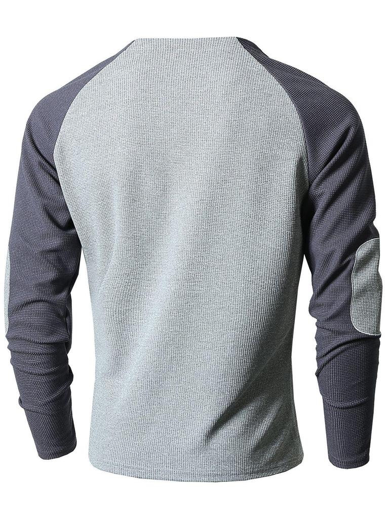 Men's Cross-Border Casual Raglan Sleeve Patchwork Round Neck Waffle Knit Sweatshirt for Spring/Autumn
