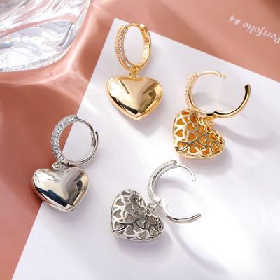 European American Zircon Inlaid Heart Dangle Earrings - Metal Style Retro Ear Clips for Autumn/Winter