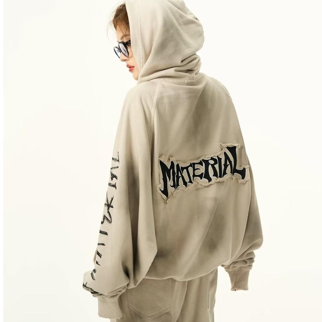 

2024 Wasteland Style Heavy Wash Hoodie Jacket с вышитыми нашивками для мужчин и женщин XL абрикосовый