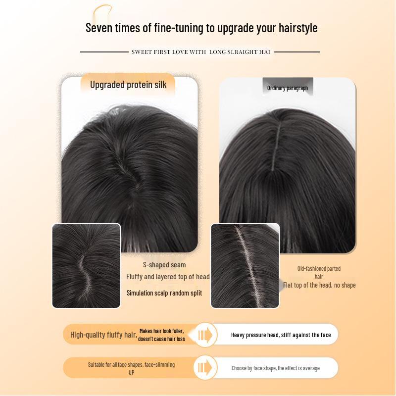 Women's Full Head Wig with Air Bangs - Black Long Straight Synthetic Hair, Fluffy and Natural for Daily Use.