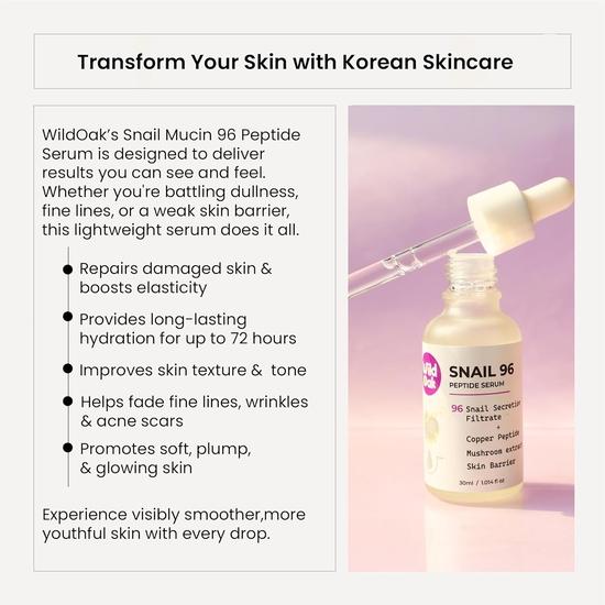 WildOak Advanced Korean Snail Mucin 96 Peptide Face Serum | Powerful Skin Barrier, Anti-Aging & Wrinkles | 72 Hours Skin Hydration  | 30ml