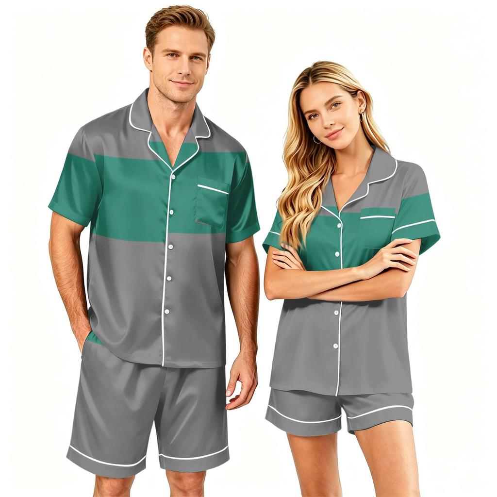 Couple Matching Pajama Set Short Sleeve Button Down Shirt with Hem and Shorts Set Soft Casual Sleepwear Available In Sizes S To XXXXL