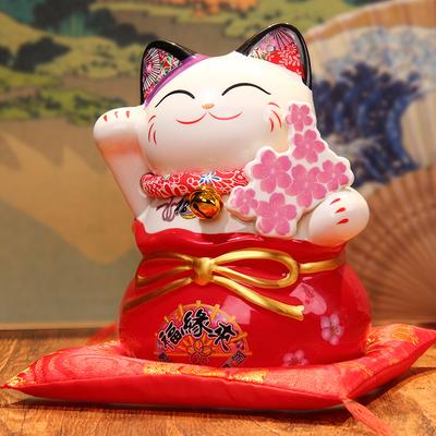 7 Inch Ceramic Lucky Fortune Cat Love Couple Gift Maneki Neko Souvenirs Figure Peach Blossoms Coin Bank Money Box Ornament