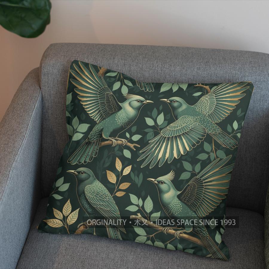 2D Exquisite Green Birds Pattern Throw Pillow Pattern Cushion Cover Suitable For Sofa Bedroom Car Pillow Cover