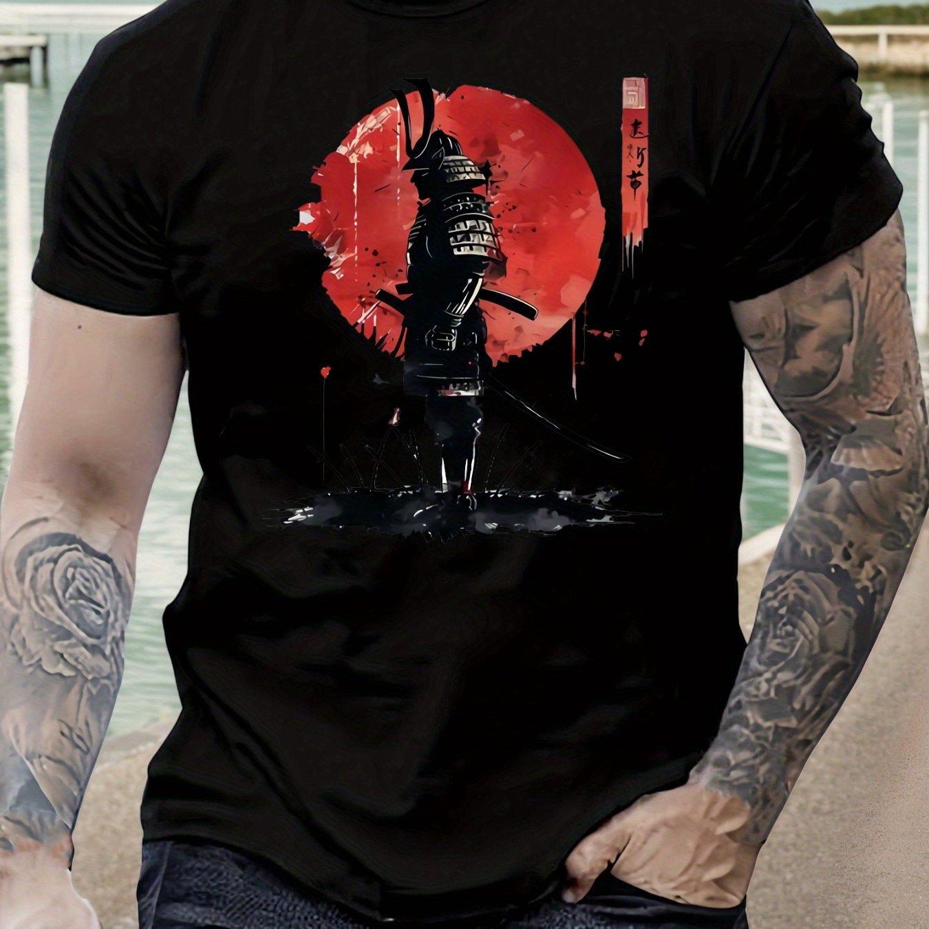 Men Japanese Samurai Graphic T-Shirt Bold Red Circle Sword Design Breathable Summer Short Sleeve S