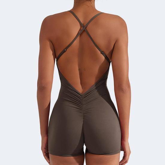 Dámský letní jógový overal s kříženými zády, bez rukávů, s vysokou elasticitou, úzký, měkký, prodyšný, s hlubokým výstřihem do U, odhalující ramena, pouzdrový, plážové šortky