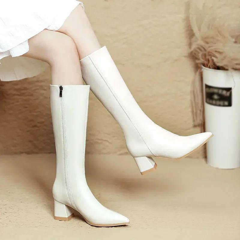 Fashion High Heels But Knee Boots Women's New Autumn and Winter Pointed High Boots Large Size Thick Heel Thin Boots