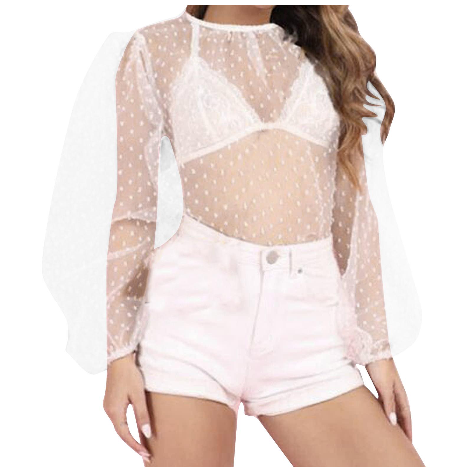 Women Color Lace Tulle Polka Dot Round Neck LongSleeve Top Blouse XL