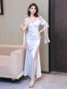 Elegant Off-the-Shoulder Evening Gown with High Slit - Nightclub Attire for Foot Bath Technicians
