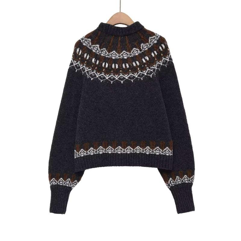 Womens Winter Knit Sweater Loose Fit Charcoal Black Jacquard Round Neck Casual Office Wear