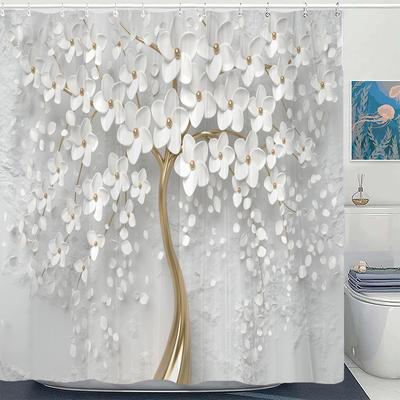 Rideau de douche Blanc Fleurs Modernes Minimaliste Nordique Imprimé Art Floral Polyester Décoration Intérieure Rideau de Salle de Bain avec Crochets