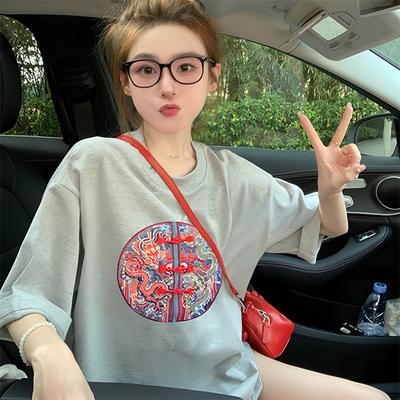 Trendy National Style Short-sleeved Women's Models 2025 Spring and Summer New Products Round Neck Contrasting Edge Letter Embroidery Versatile