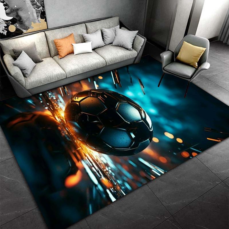 "Sports Themed Carpet with Fiery Soccer Ball and Dynamic Blue Glow" Suitable for use as an anti-slip for living room bedroom sofas