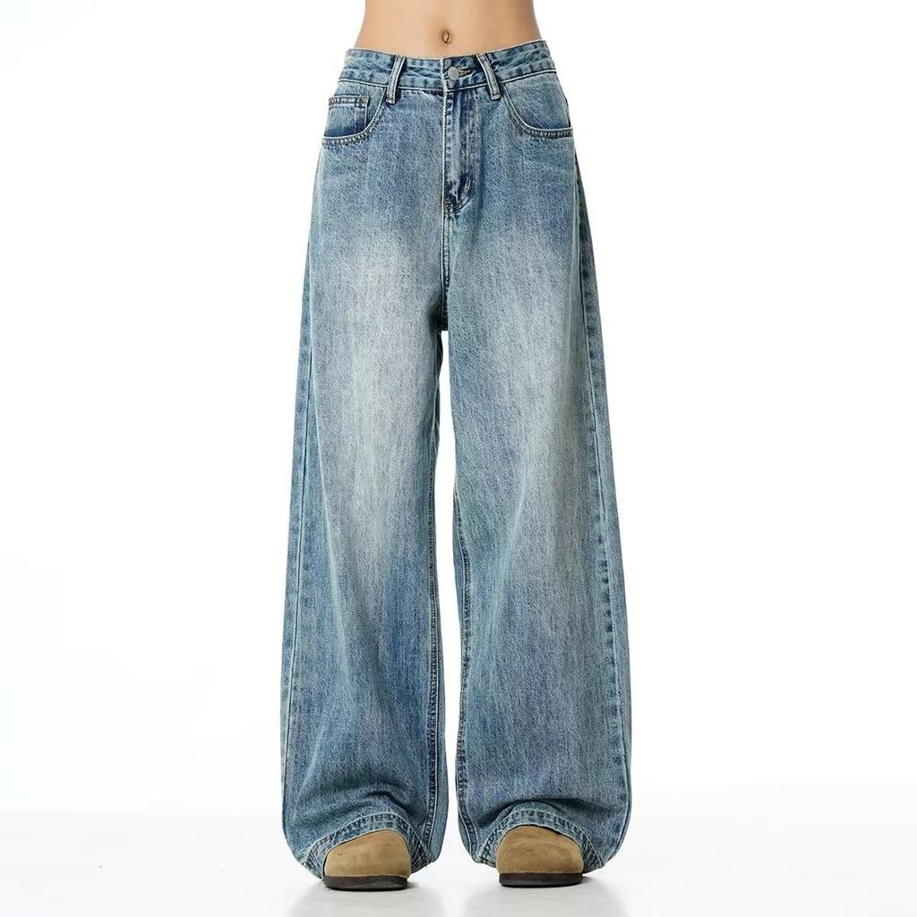 New retro washed cleanfit blue straight jeans trendy men's American wide-leg casual trousers