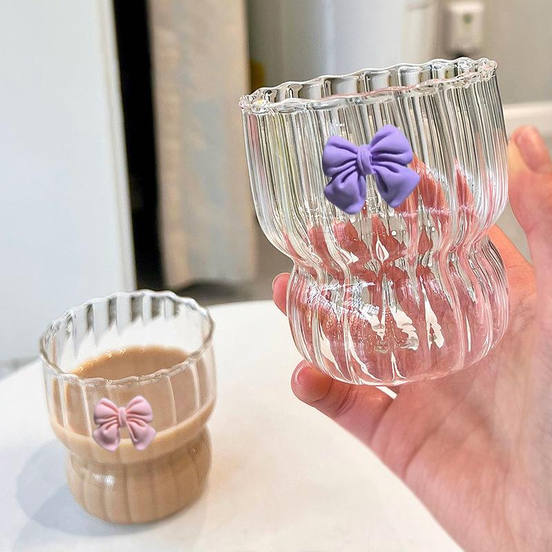 300ML Bow Decor Glass Cups  Transparent  Coffee Milk Mug Cartoon Striped  Water Cup  Drinkware Kitchen Desk  Decor  Girls Gift