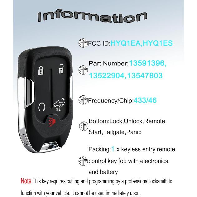 Smart Key for GMC Sierra 2018-, YIKEBALOG 5-Button Proximity Key Fob Replacement for Chevrolet Silverado 2018- HYQ1EA HYQ1ES