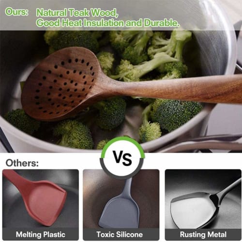 Oikabio Wooden Utensils with Stand, Teak Kitchen Cookware Set, Ideal for Non-Stick Cookware, Wooden Shovel Spoons for Cooking, 5 Pieces
