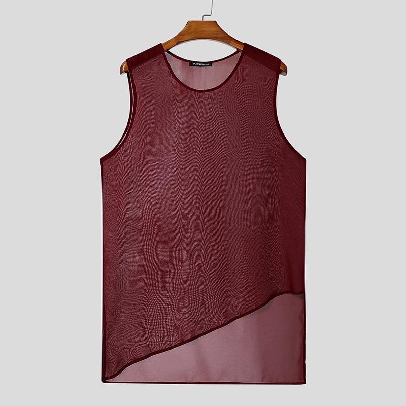 INCERUN Men O Neck Sleeveless See Through Irregular Mesh Sheer Long Tank Tops