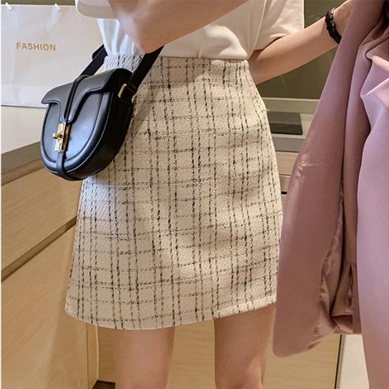 Autumn and Winter Small Fragrant Style Waist Cinching Plaid Skirt Versatile A-line Half Skirt Wrapped Buttocks Short Skirt for Women