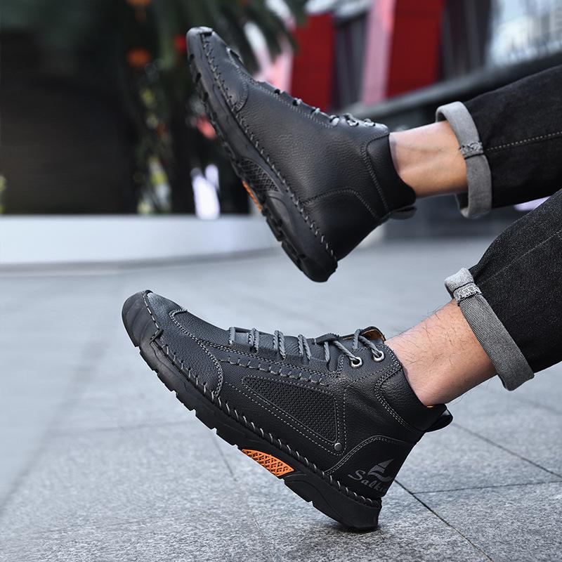 New Style Plus Size Men's Hand-Stitched Leather Martin Boots - Short, Lace-Up, Casual Footwear