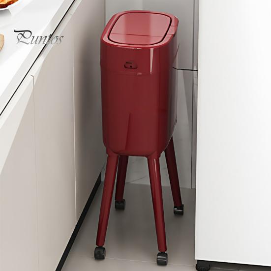 Kitchen Trash Can with Wheels Heightened Legs And Wheels, 16L Capacity Press On Lid Easy Clean Plastic Bin Garbage Bin, Retro Style Waste Container