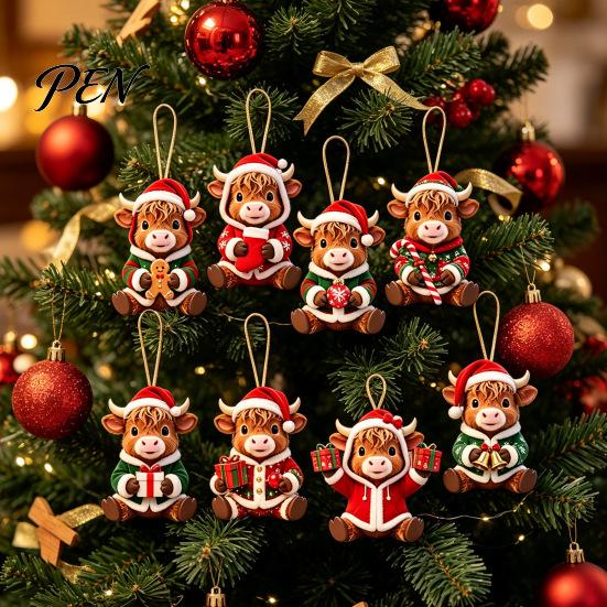 Animal Theme Christmas Tree Ornaments Wooden Highland Cow Ornament, 2D Cute Hanging Shape Decor with String, Farmhouse Holiday Party Decoration