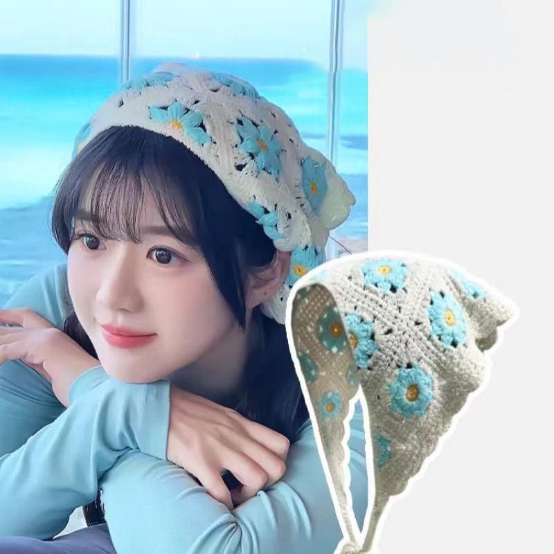 Französischer gestrickter Dreieckschal-Stirnband für Frauen, hohle Blume, koreanisches Haarband, Turban, Bandana, Headwarp, Haarschmuck