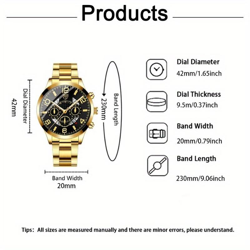 3-teiliges Set Luxus Business Herren Goldene Armbanduhr Edelstahl Datumszeiger Quarz Armbanduhr für Herren & Armband Halskette