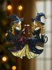 Acrylic Halloween Witch Hanging Decoration - Black Cat&Two Witches Toasting with Wine Glasses Wall Decor, Gothic Window Ornament