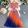 Pleated Diamond-Embellished Round-Neck Midi Dress for Women Summer Short Sleeve Lace-up Stunning Ombre Pleated Dress