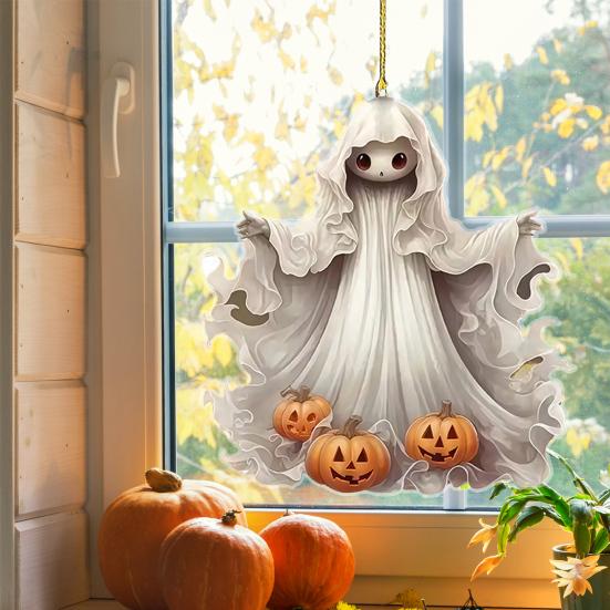 Halloweenský přívěsek na auto Duch 2D Plochý Duch s Dýní Akrylový Přívěsek na Zpětné Zrcátko do Auta pro Závěsné Doplňky do Interiéru Auta