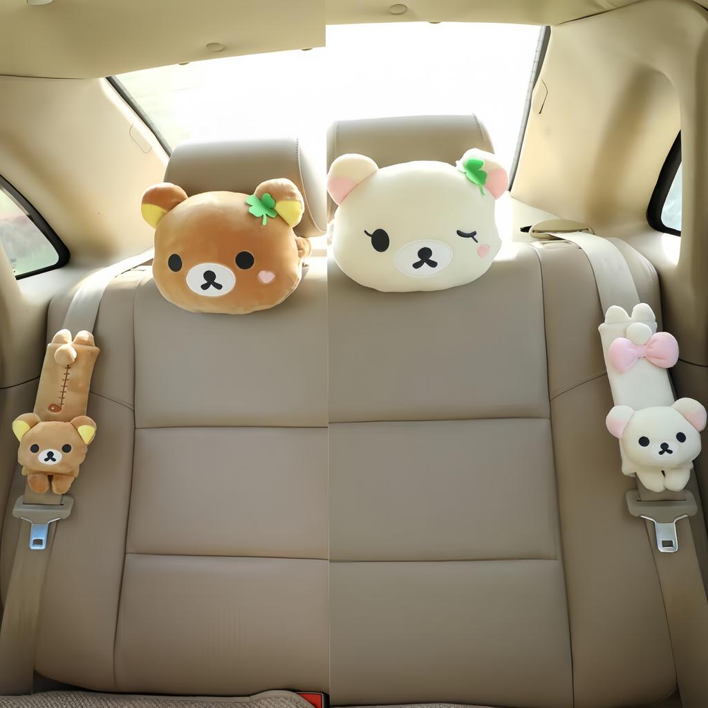 Kawaii Rilakkuma Car Seat Belt Cover Soft Plush Bear Stuffed Doll Car Neck Headrest Pillow Safety Belt Shoulder For Girls Gift
