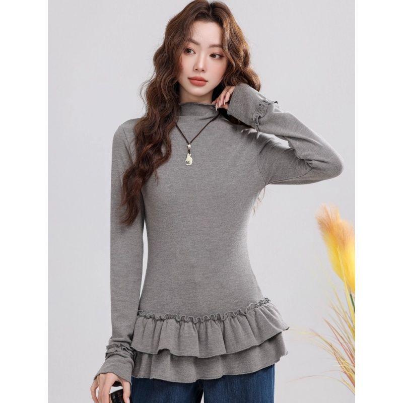 270g Velvet Women's Warm Half-High Collar Long Sleeve T-Shirt, New Autumn/Winter Korean Style Slimming Top