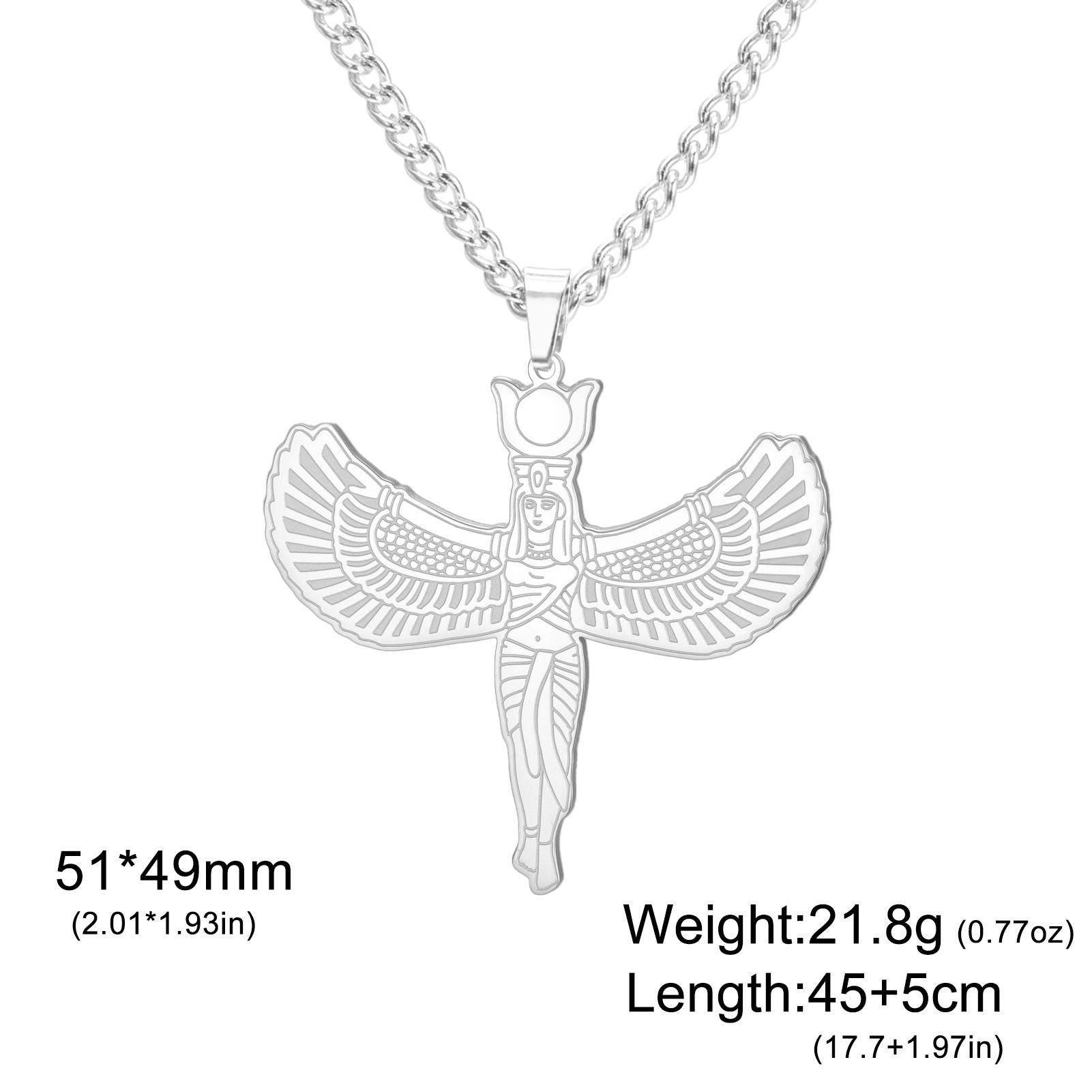 Egyptian Isis Goddess Pendant Necklace Stainless Steel Winged Deity Jewelry for Men Women Ancient Egypt Amulet Protection Gifts