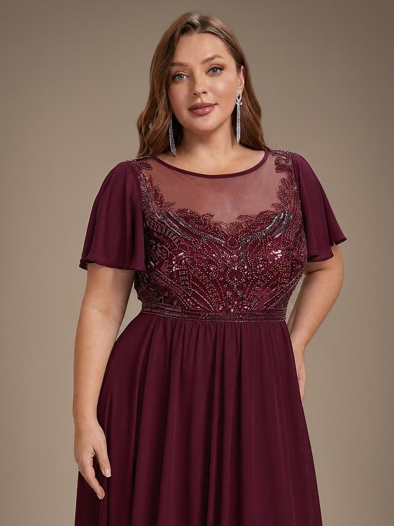 Ever-Pretty Damen Übergröße Perlenbesetztes A-Linien Maxikleid mit Fledermausärmeln Formelles Kleid mit Illusion Halsausschnitt