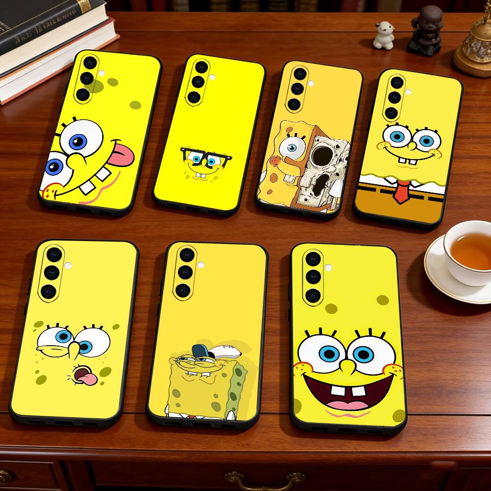 C-Cute Yellow Cartoon Sponge Phone Case Black Silicone Soft For Samsung Galaxy A73,A72,A71,A70,A53,A52,A51
