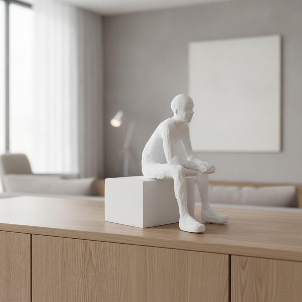 White Seated Thinker Statue Minimalist Hand-Finished Sculpture Versatile