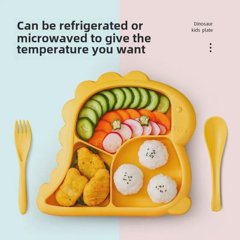 Creative Cartoon Dinosaur Children's Feeding Set: Includes Thickened Plate, Bowl, Spoon, and Fork for Babies and Kindergarten Use.