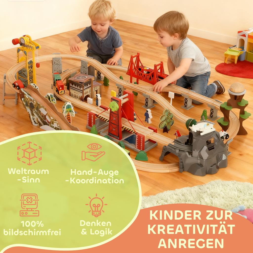 100 Piece Wooden Train Set for Kids 3+ Years with Track, Crane, Battery Operated Train