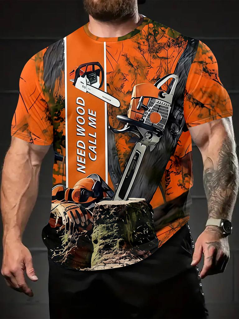 T-shirt da uomo girocollo con stampa 3D motosega e taglio del legno – Ispirata all'avventura all'aria aperta, Abbigliamento casual estivo, Traspirante e confortevole per l'escursionismo,