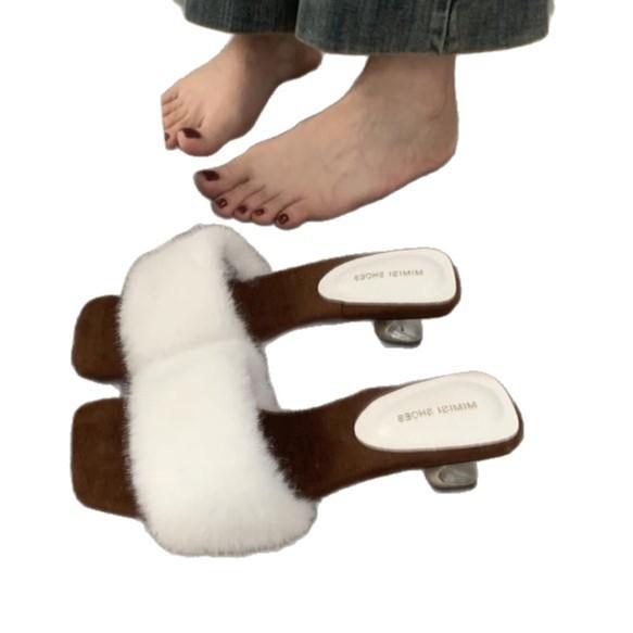 High Heels Leopard Print Retro Fluffy Slippers Women's Outerwear 2025 Autumn Versatile Skirt Fairy Style One-word Drag