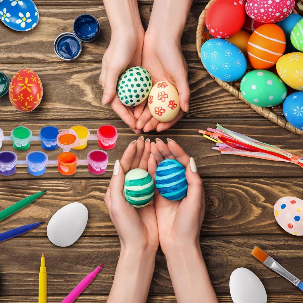 Max Fun 50 Pcs White Blank Easter Eggs Ornaments Bulk Decoration for Craft Hanging Plastic Artificial Eggs with Rope DIY Painting Decorating Basket